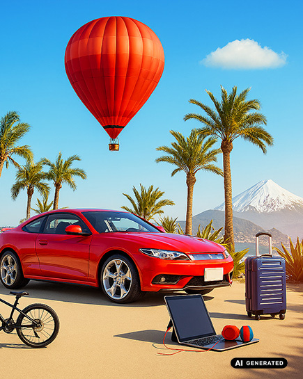 Ein mit KI erstelltes Bild diverser Incentive Inhalte wie Reisen und Sachpreise